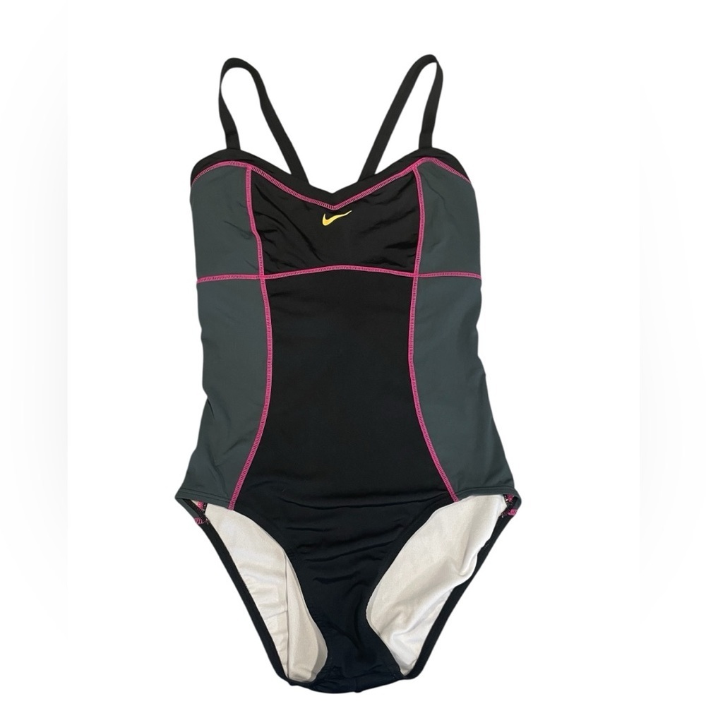 Nike Women's Crossback Black and Gray One-Piece Swimsuit with Pink Trim